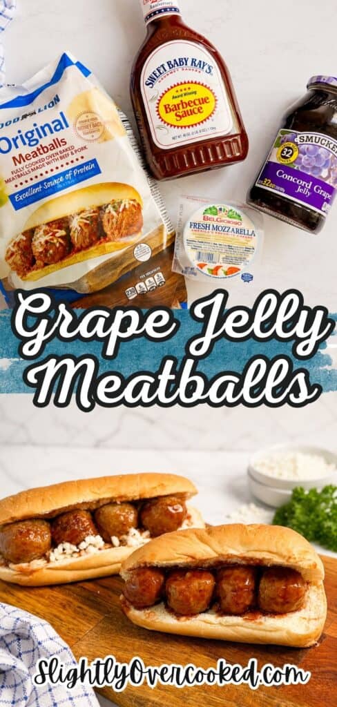 **SEO Optimized Google Alt Text:**

Easy grape jelly meatballs made with frozen meatballs, BBQ sauce, and concord grape jelly in the slow cooker. Serve these sweet and tangy crockpot meatballs as a party appetizer or make delicious meatball subs topped with fresh shredded mozzarella cheese for an easy family dinner.
