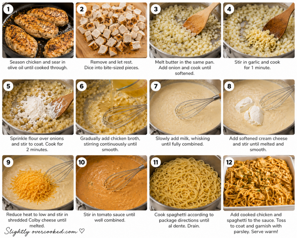 Step-by-step collage showing how to make chicken spaghetti with tomato sauce, including cooking chicken, making the creamy cheese sauce, cooking spaghetti, and combining everything together.