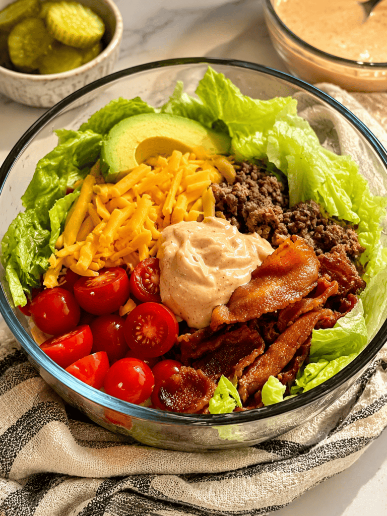 Loaded burger bowl with seasoned ground beef, crispy bacon, cheddar cheese, avocado, cherry tomatoes, romaine lettuce, and creamy burger sauce served in a glass bowl with pickles and dressing on the side.