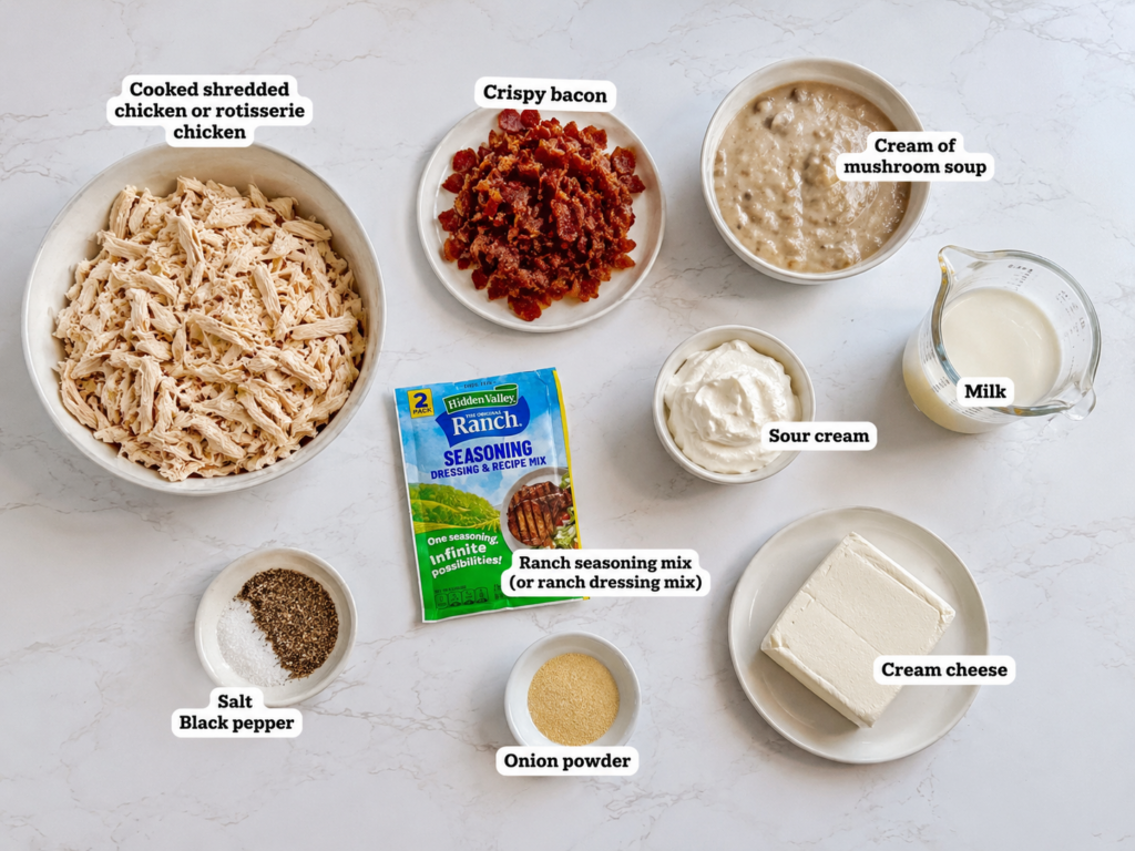 Labeled ingredients for creamy bacon ranch chicken recipe including shredded chicken, bacon, cream cheese, cream of mushroom soup, sour cream, milk, ranch seasoning, onion powder, salt, and black pepper.