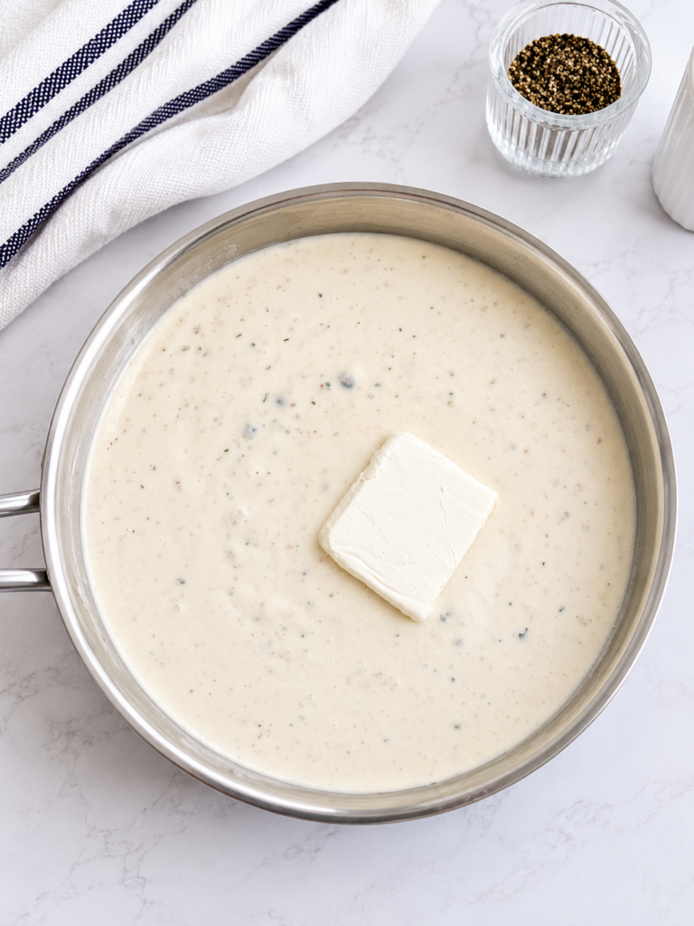 Cream cheese melting into creamy ranch sauce while making easy bacon ranch chicken for a comforting family dinner.