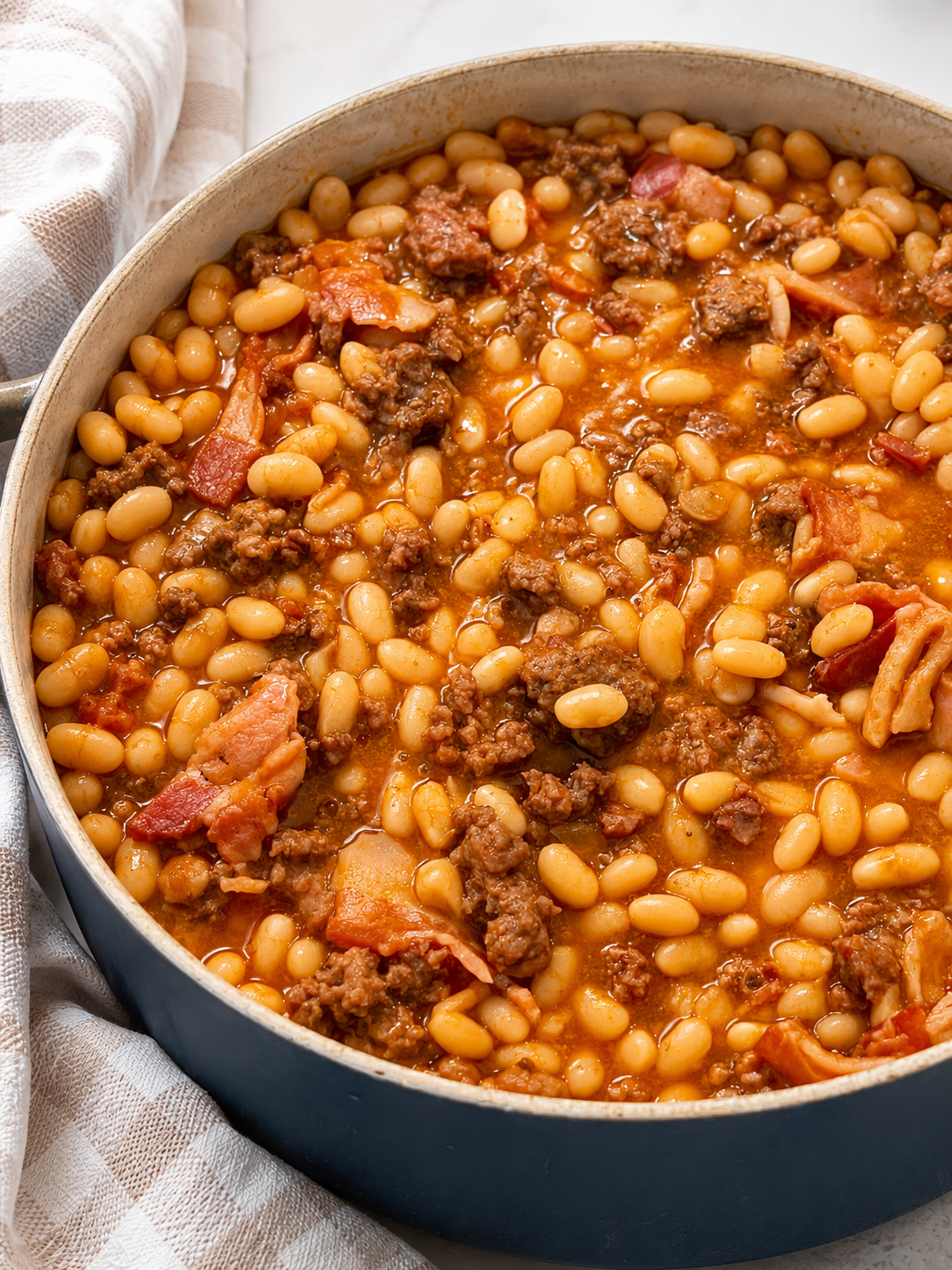 Homemade baked beans with ground beef and bacon cooked in a Dutch oven, featuring tender navy beans in a rich, sweet and savory sauce.