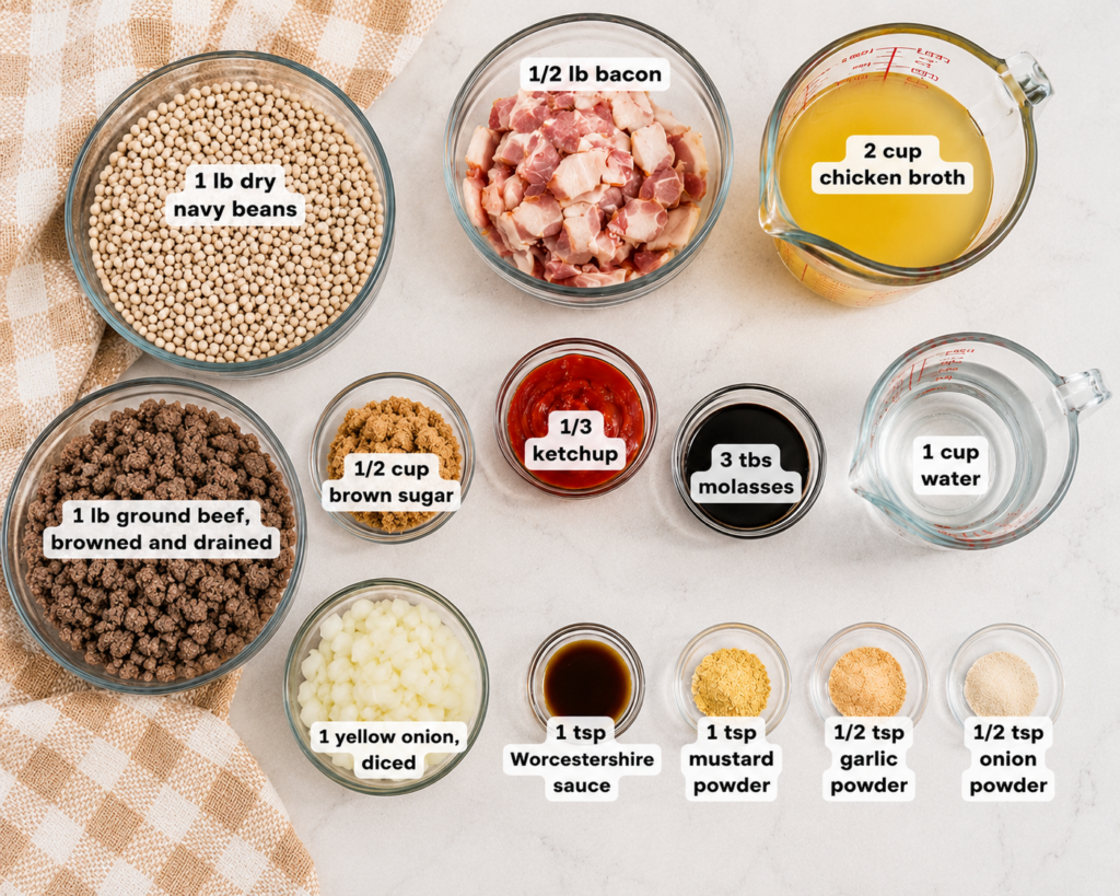 Ingredients for baked beans with ground beef and bacon, including navy beans, browned ground beef, bacon, onion, chicken broth, ketchup, brown sugar, molasses, Worcestershire sauce, and seasonings.