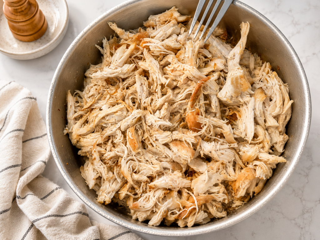 Tender shredded chicken seasoned with garlic powder and black pepper, ready to be added to a creamy pasta dinner.