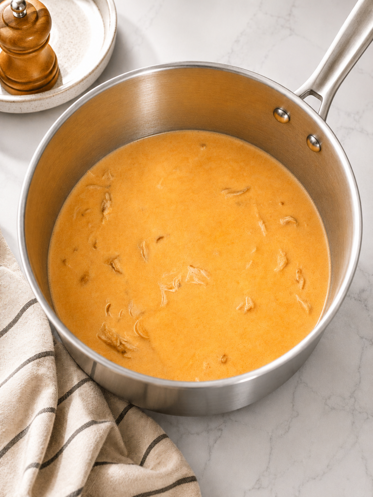 Rotini pasta cooking in a rich, cheesy buffalo cream sauce with tender shredded chicken for an easy weeknight meal.
