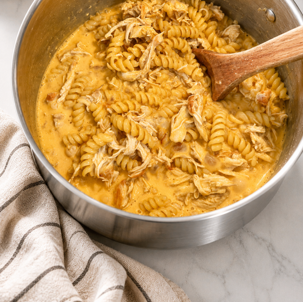 Creamy buffalo sauce made with chicken broth, heavy cream, and shredded chicken simmering in a large pot before adding pasta.