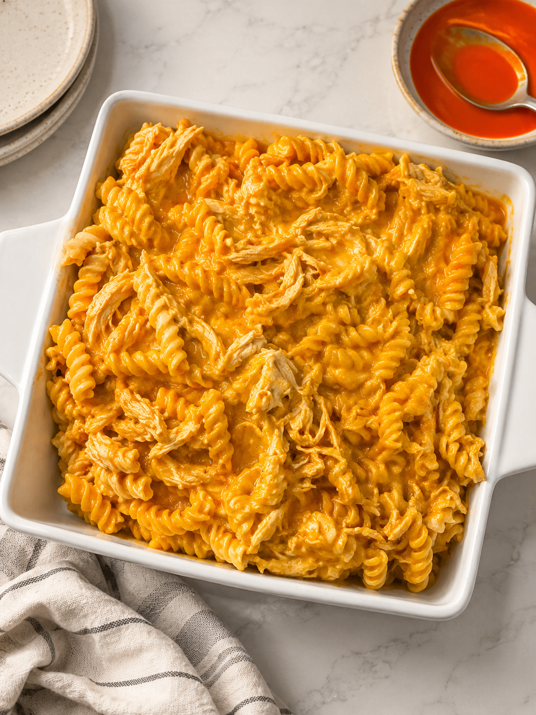 Buffalo Chicken Pasta made with tender shredded chicken, rotini pasta, and a creamy buffalo ranch cheese sauce served in a white baking dish. This easy family dinner recipe is rich, cheesy, and perfect for busy weeknights, potlucks, meal prep, or comforting homemade meals.