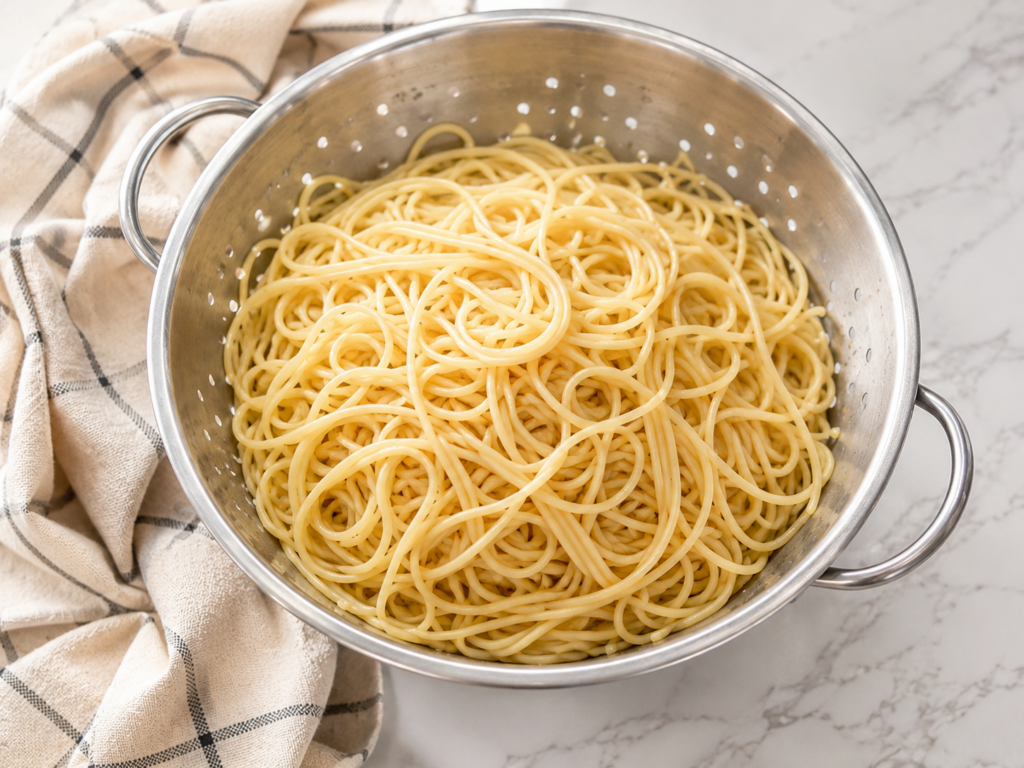 Freshly cooked spaghetti noodles drained in a stainless steel colander, ready to be added to a creamy ground beef pasta sauce for an easy homemade spaghetti dinner.