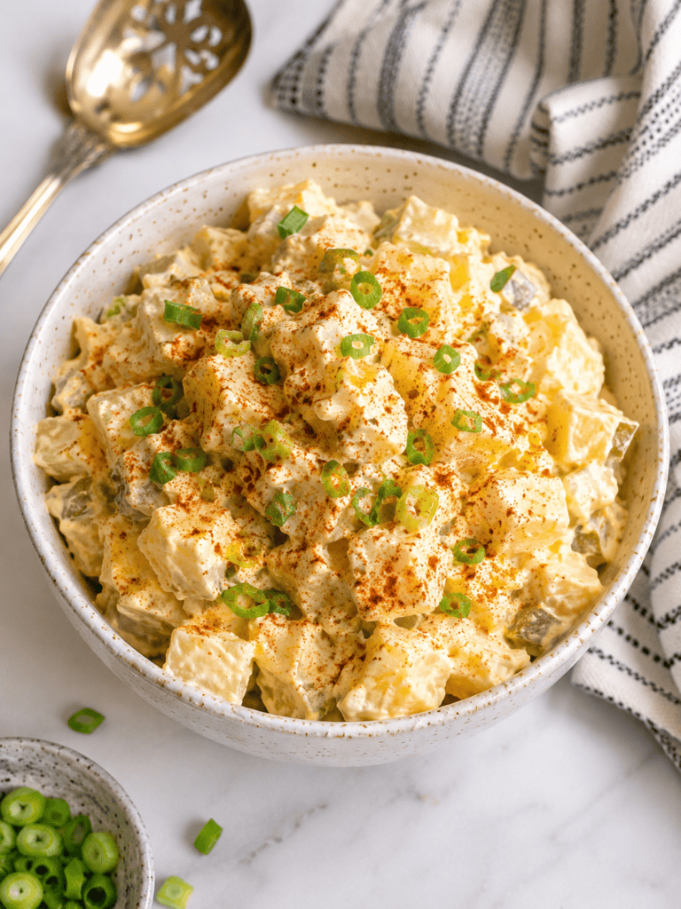 Creamy classic white potato salad made with Yukon Gold potatoes, hard-boiled eggs, mayonnaise, yellow mustard, dill pickles, and green onions, garnished with paprika. This easy homemade potato salad recipe is the perfect side dish for summer picnics, backyard barbecues, cookouts, potlucks, and family gatherings.
