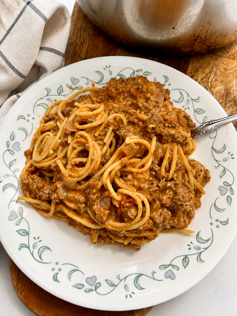 Creamy cheesy ground beef spaghetti served on a white plate with seasoned ground beef, onions, spaghetti noodles, and a rich tomato cream sauce for a comforting family dinner.