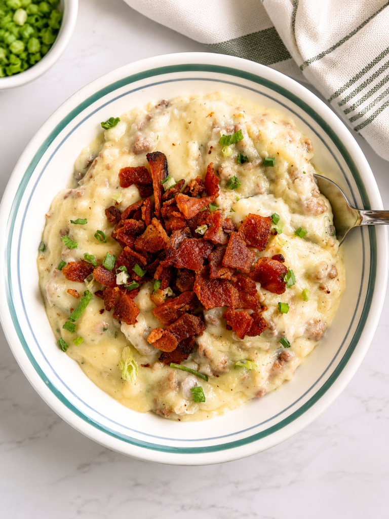 Loaded baked potato casserole with ground beef, crispy bacon, shredded cheese, and green onions served in a bowl.
