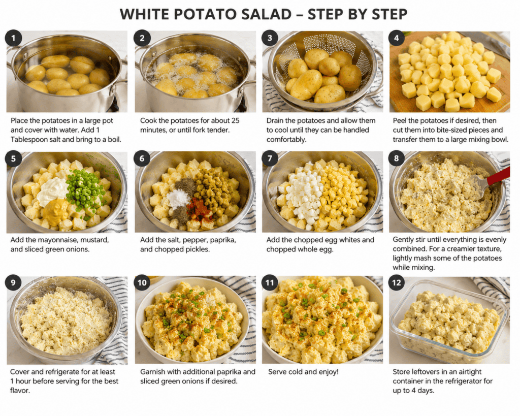 Step-by-step tutorial showing how to make classic white potato salad using Yukon Gold potatoes, hard-boiled eggs, mayonnaise, yellow mustard, dill pickles, and green onions. Easy homemade potato salad recipe with detailed cooking instructions for the best creamy potato salad perfect for summer barbecues, potlucks, and holiday meals.