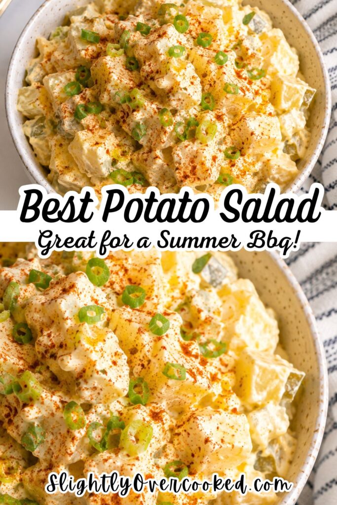 Creamy homemade potato salad served in a bowl and topped with sliced green onions and paprika. This classic potato salad recipe is made with tender Yukon Gold potatoes, hard-boiled eggs, chopped dill pickles, mayonnaise, mustard, and simple seasonings for the ultimate summer side dish. Perfect for BBQs, backyard cookouts, picnics, potlucks, family reunions, Memorial Day, Fourth of July, Labor Day, and easy holiday gatherings.