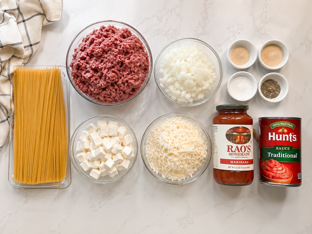 Ingredients for spaghetti including ground beef, spaghetti noodles, chopped onions, cream cheese, pepper jack cheese, marinara sauce, traditional pasta sauce, and seasonings.