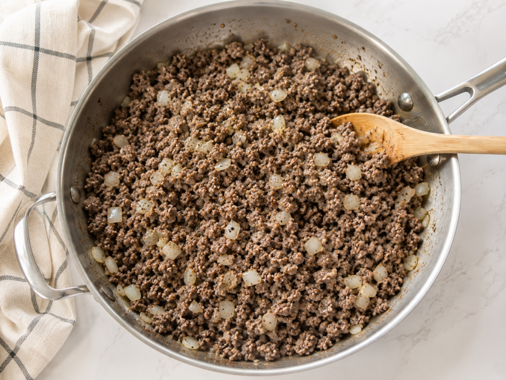 Ground beef and chopped onions cooking in a large skillet, seasoned with garlic powder, onion powder, salt, and black pepper.
