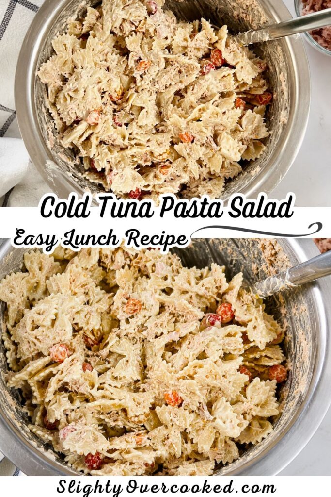 Creamy cold tuna pasta salad made with bowtie pasta, canned tuna, mayonnaise, cherry tomatoes, and onion in a large mixing bowl. This easy tuna pasta salad recipe is perfect for summer lunches, BBQs, picnics, potlucks, meal prep, and quick family dinners. A delicious cold pasta salad that comes together with simple pantry ingredients.