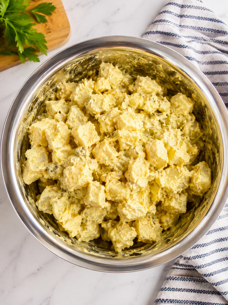 Creamy homemade white potato salad freshly mixed in a large stainless steel bowl with Yukon Gold potatoes, chopped hard-boiled eggs, mayonnaise, yellow mustard, and dill pickles. This classic potato salad recipe is an easy make-ahead side dish for backyard barbecues, summer picnics, potlucks, and family gatherings.