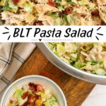 BLT pasta salad served in a bowl with crispy bacon, romaine lettuce, cherry tomatoes, and creamy ranch dressing.