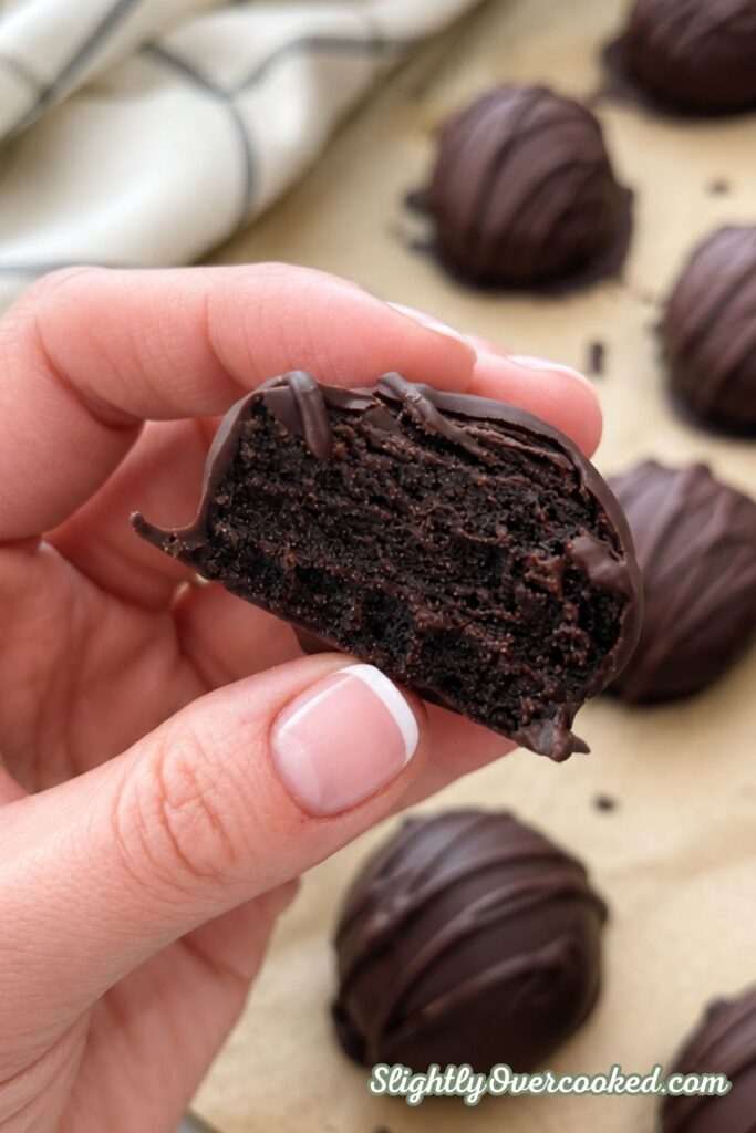 Chocolate-covered Oreo truffle cut in half to show the rich, crumbly Oreo cookie center
