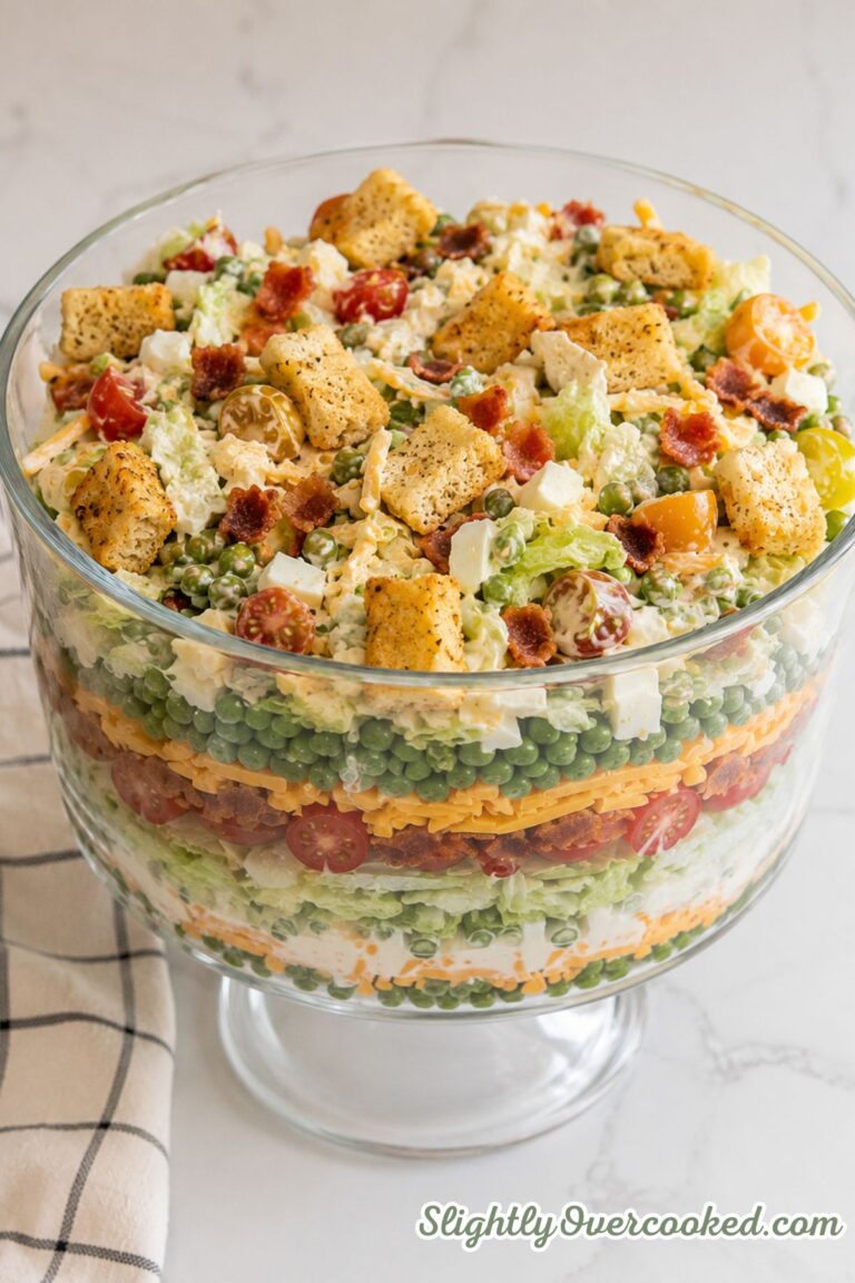 Layered salad served in a glass trifle bowl with peas, lettuce, cheddar cheese, bacon, tomatoes, eggs, and croutons