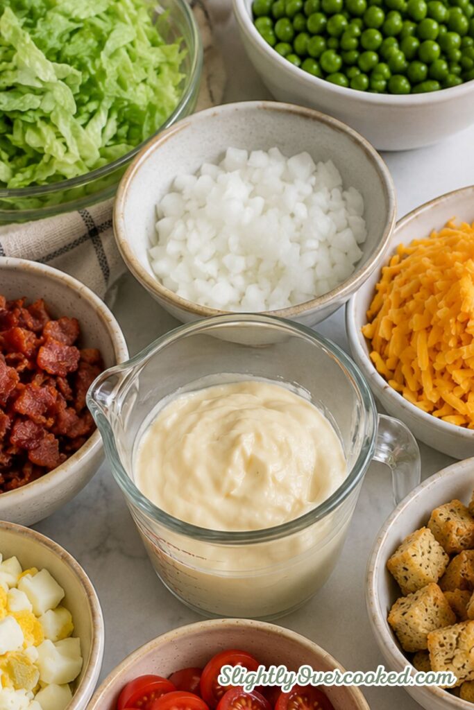 Ingredients for a creamy salad including shredded lettuce, green peas, diced onion, cheddar cheese, bacon, eggs, tomatoes, and croutons