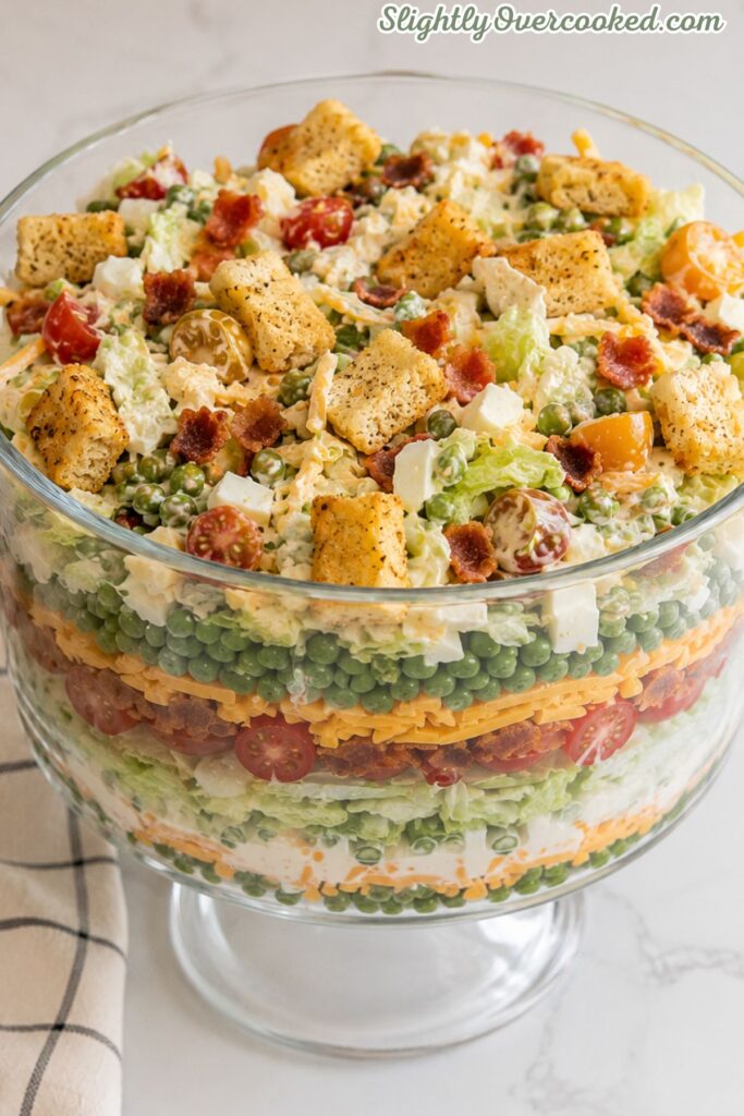 Layered pea salad with lettuce, peas, cheddar cheese, bacon, eggs, tomatoes, and croutons in a glass trifle bowl