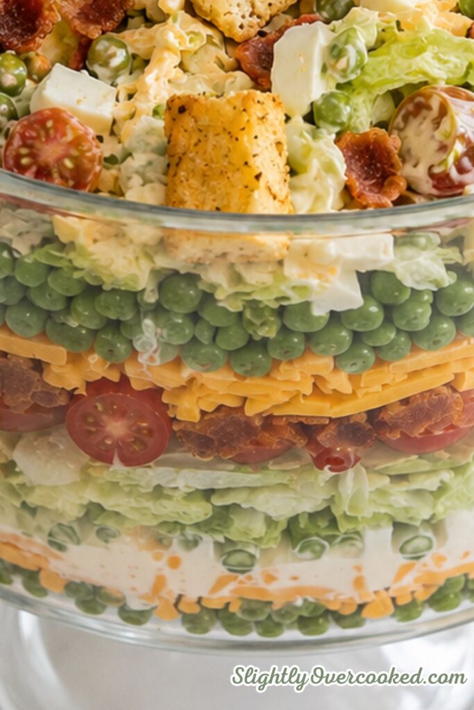 Close-up of creamy pea salad with bacon, hard-boiled eggs, cherry tomatoes, lettuce, peas, cheese, and crunchy croutons