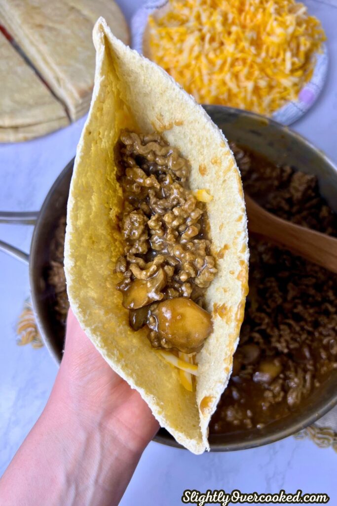 pita bread with cheese, ground beef gravy